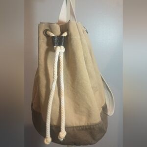 Tan Canvas Backpack with White Rope Drawstring